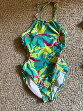 Old Navy Girls Teal Tropical One-Piece Swimsuit with Yellow and Pink Leaves